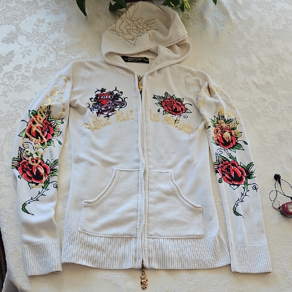 Y2K Ed Hardy White Hoodie with Gold Zipper and Floral Design